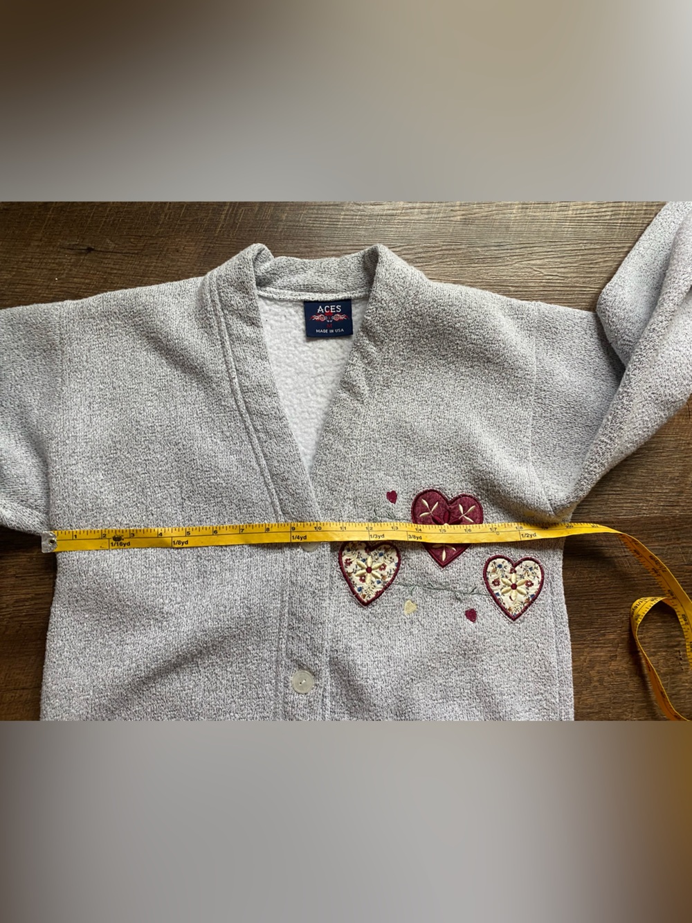 Vintage 90s ACES fleece cardigan sweatshirt embroidered hearts cottage granny M - Picture 9 of 12
